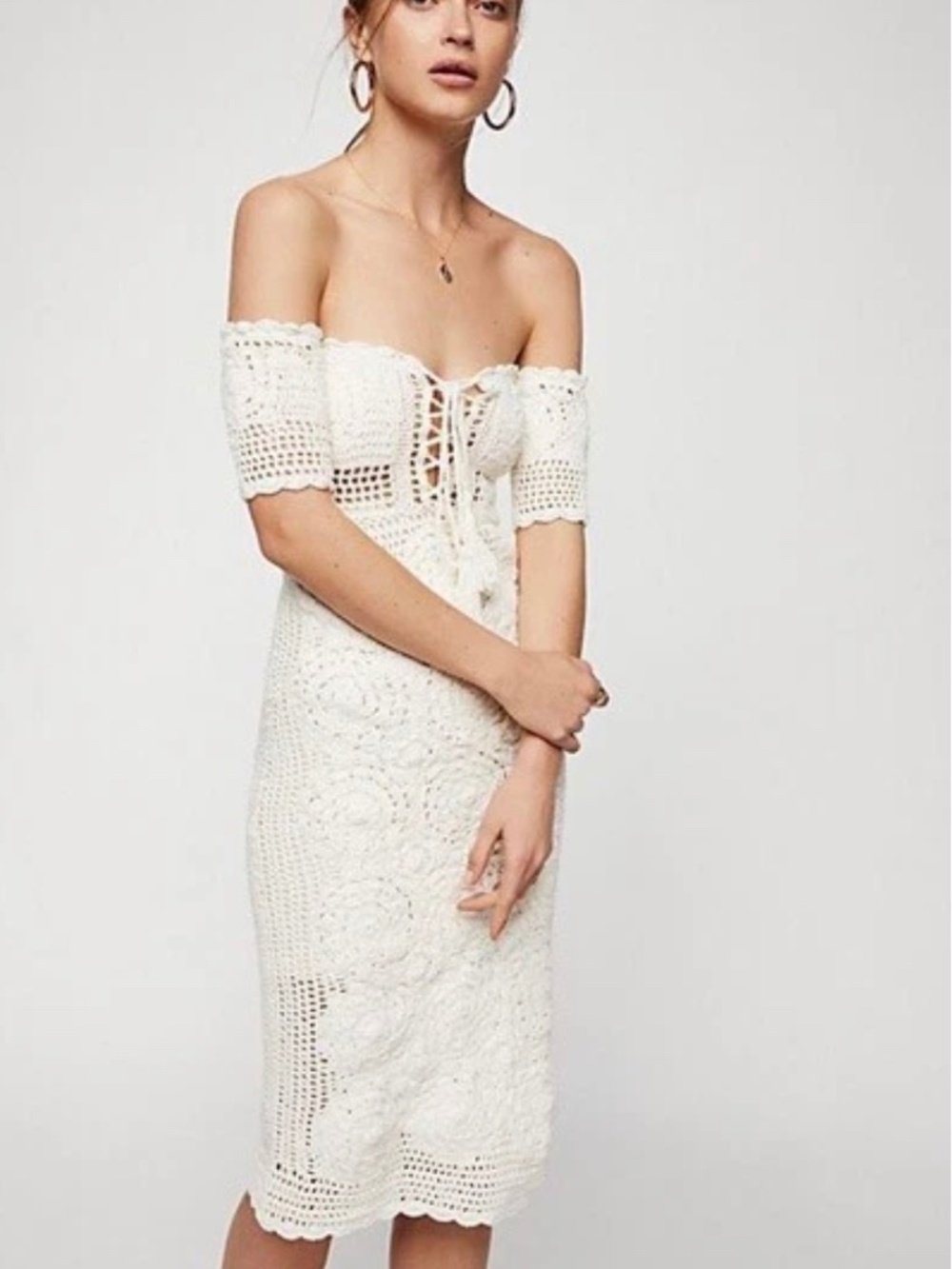 Free People White Ecru Crochet Racing Hearts Midi Dress Size small FALLTIME